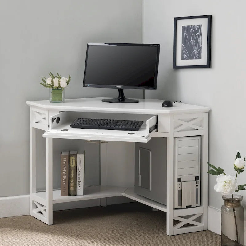 Bureau d’angle blanc en bois avec tiroir, poste de travail informatique pour bureau à domicile