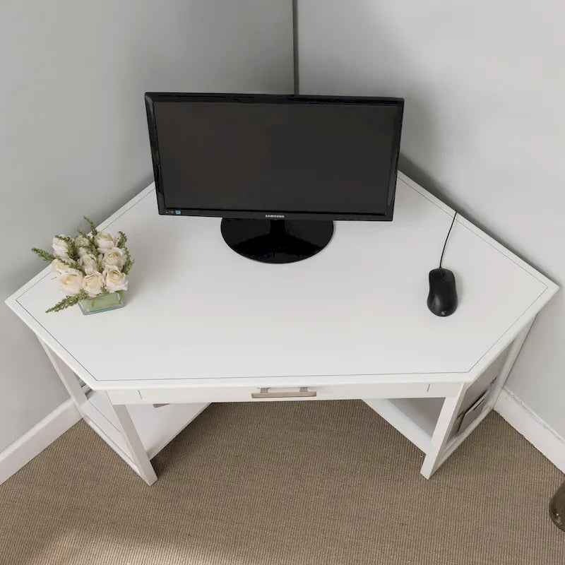 Bureau d’angle blanc en bois avec tiroir, poste de travail informatique pour bureau à domicile