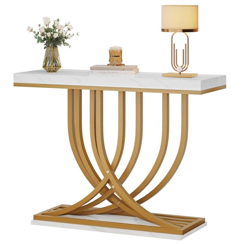 Table console moderne dorée avec plateau marbré pour entrée ou couloir