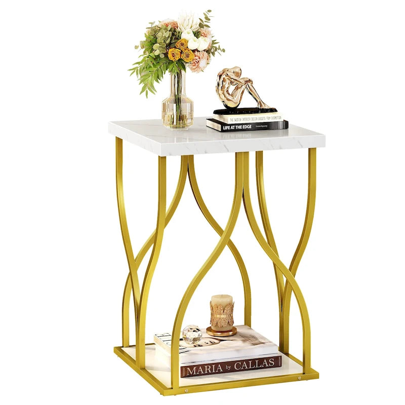 Table console moderne dorée avec plateau marbré pour entrée ou couloir
