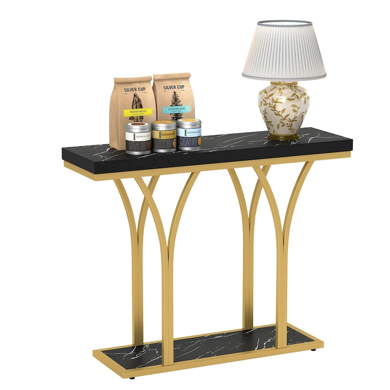 Table console moderne dorée avec plateau marbré pour entrée ou couloir