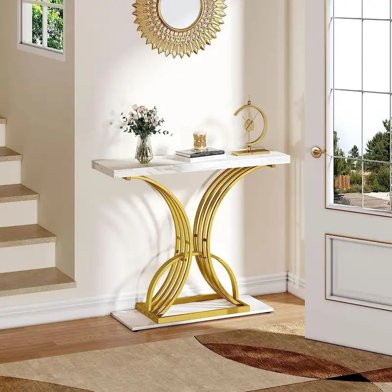 Table console moderne dorée avec plateau marbré pour entrée ou couloir