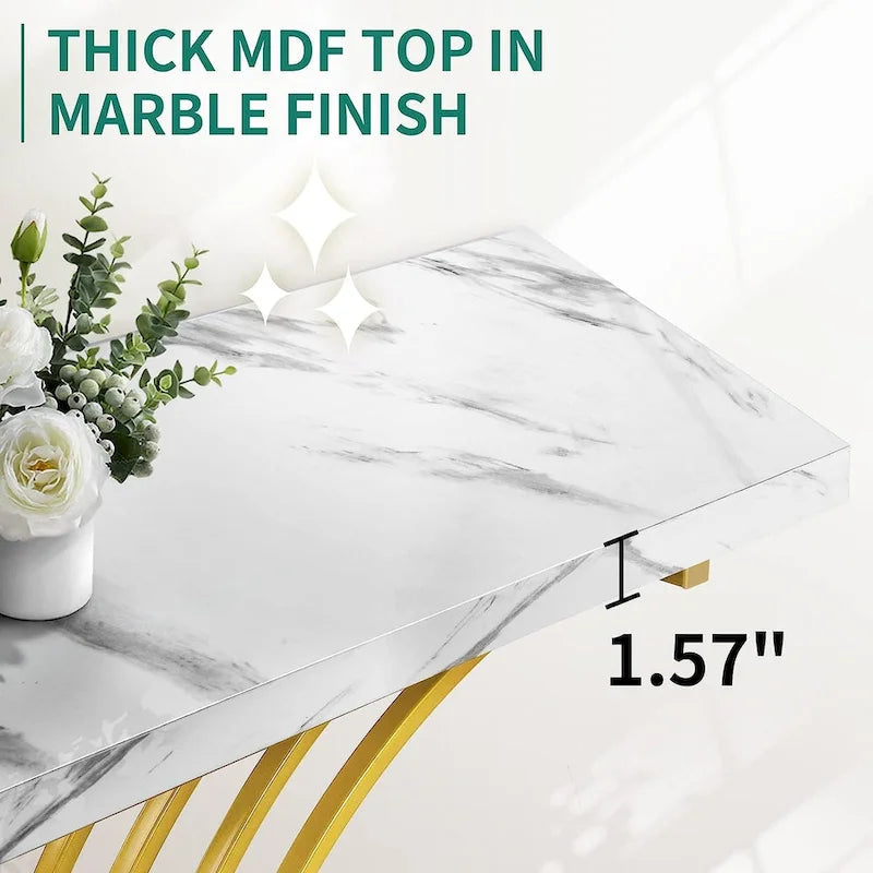 Table console moderne dorée avec plateau marbré pour entrée ou couloir