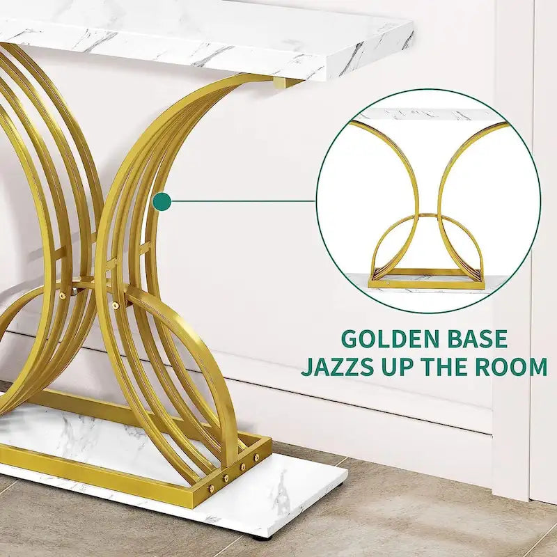 Table console moderne dorée avec plateau marbré pour entrée ou couloir