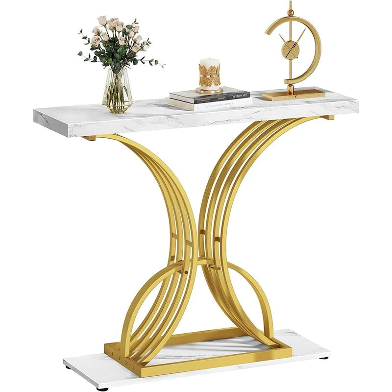 Table console moderne dorée avec plateau marbré pour entrée ou couloir