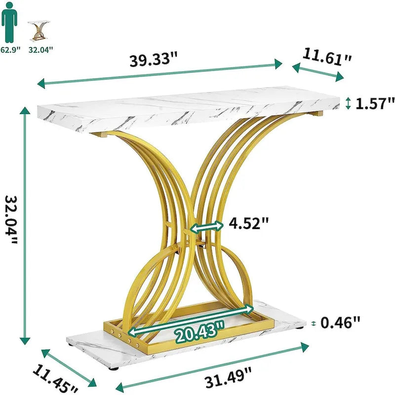 Table console moderne dorée avec plateau marbré pour entrée ou couloir