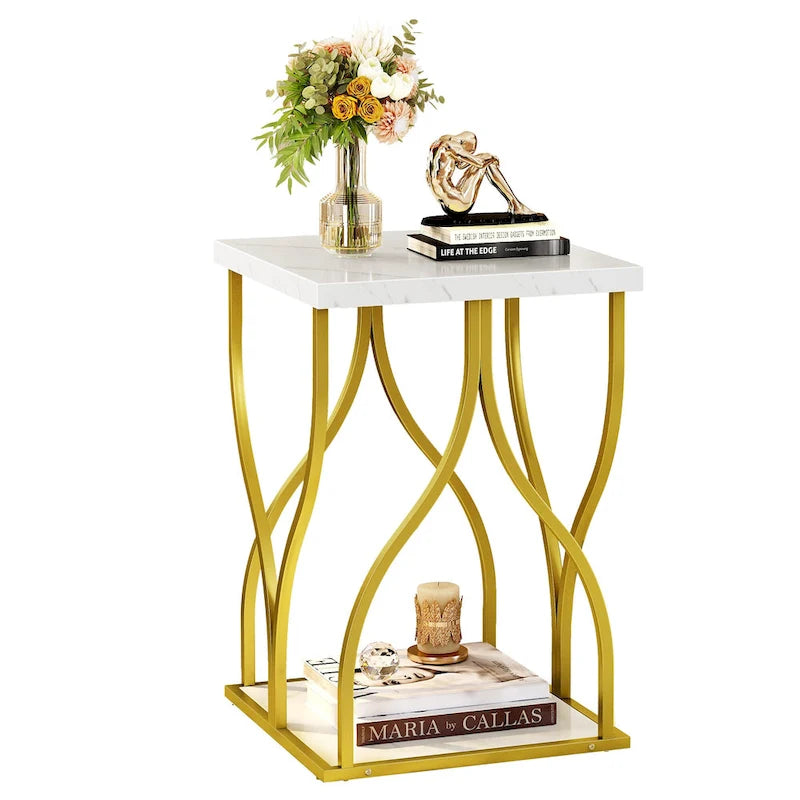 Table console moderne dorée avec plateau marbré pour entrée ou couloir