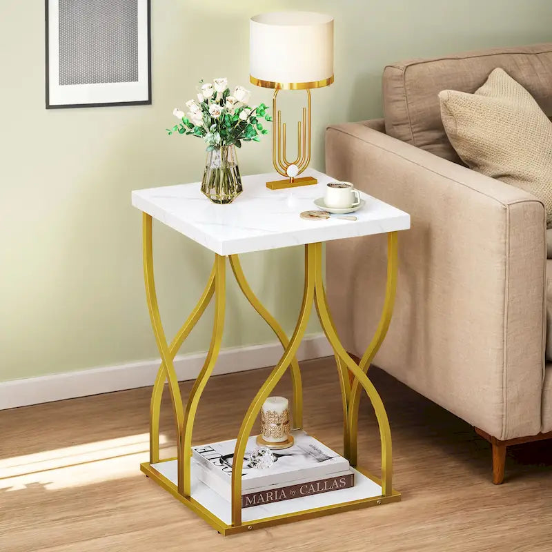 Table console moderne dorée avec plateau marbré pour entrée ou couloir