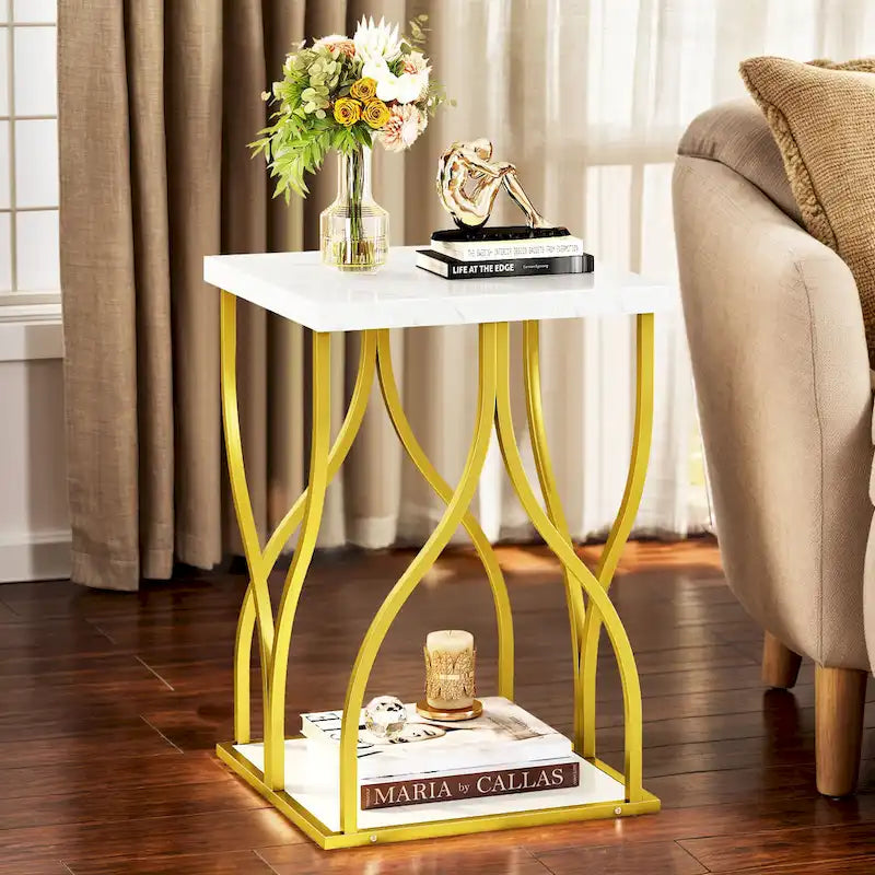 Table console moderne dorée avec plateau marbré pour entrée ou couloir