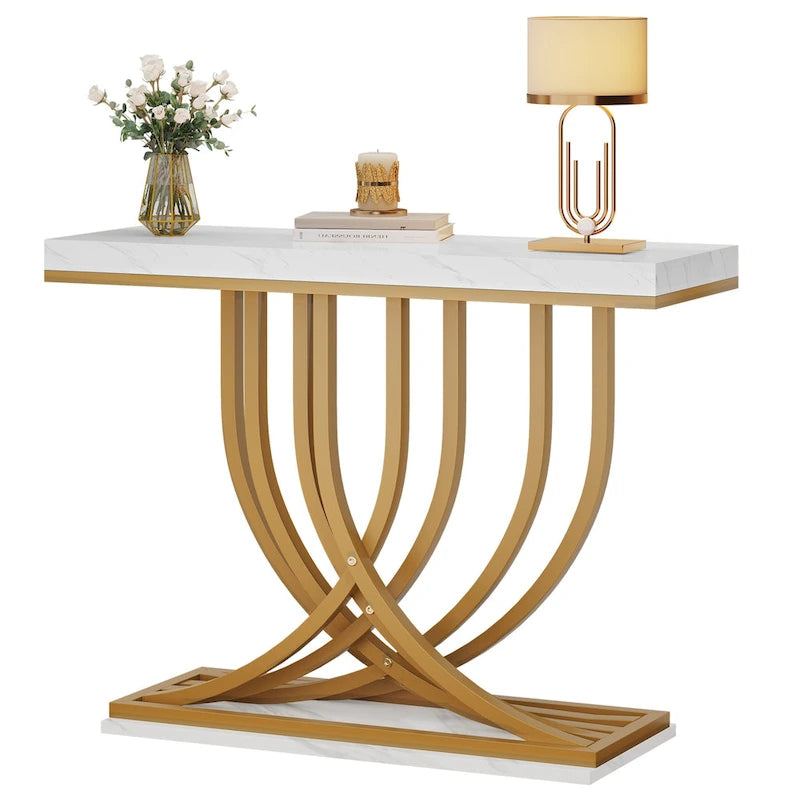 Table console moderne dorée avec plateau marbré pour entrée ou couloir
