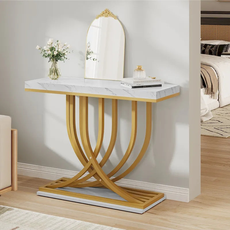 Table console moderne dorée avec plateau marbré pour entrée ou couloir