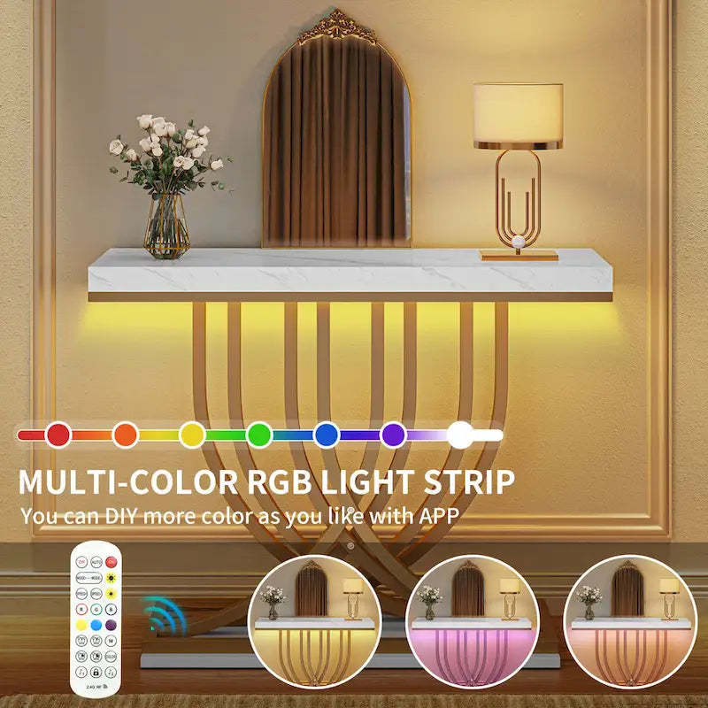 Table console moderne dorée avec plateau marbré pour entrée ou couloir
