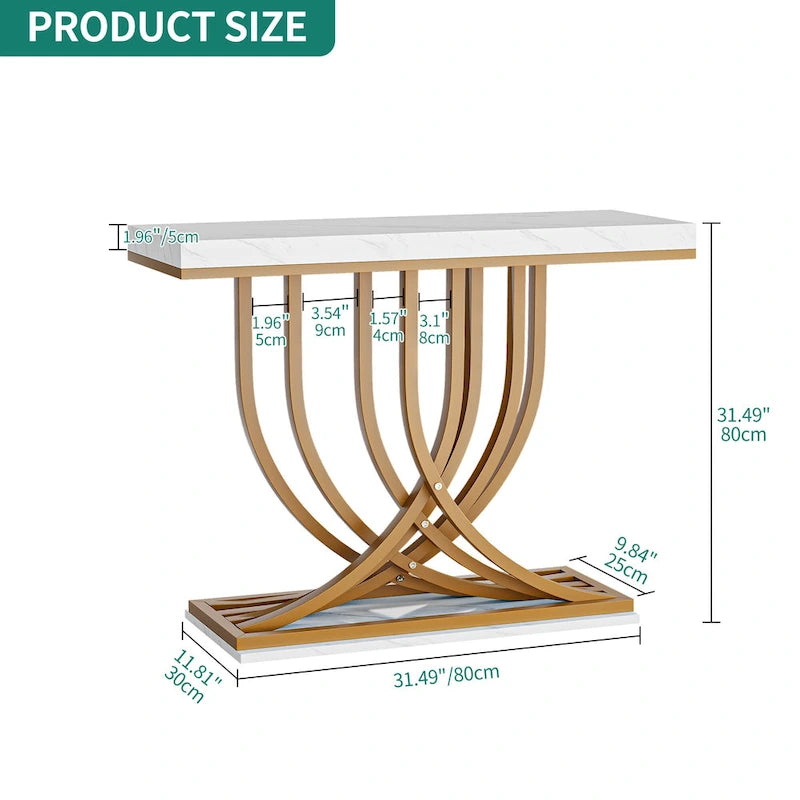 Table console moderne dorée avec plateau marbré pour entrée ou couloir