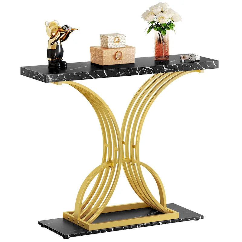 Table console moderne dorée avec plateau marbré pour entrée ou couloir