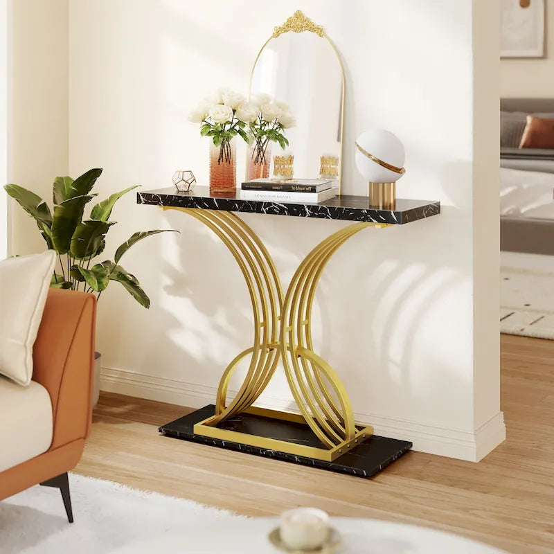 Table console moderne dorée avec plateau marbré pour entrée ou couloir