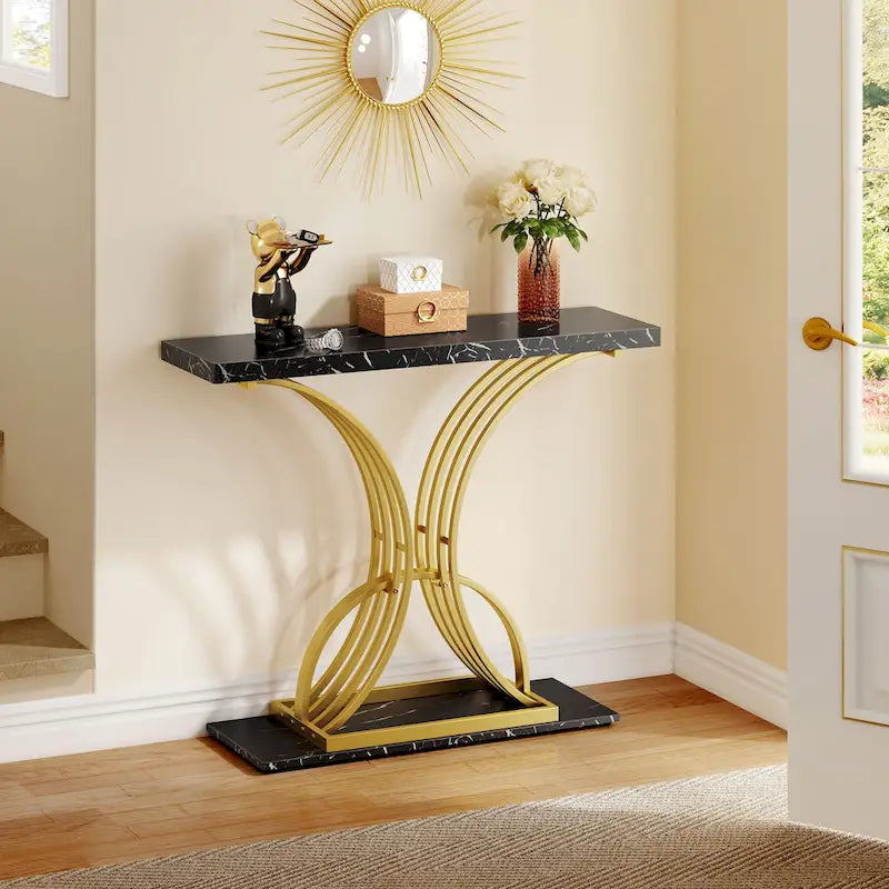 Table console moderne dorée avec plateau marbré pour entrée ou couloir