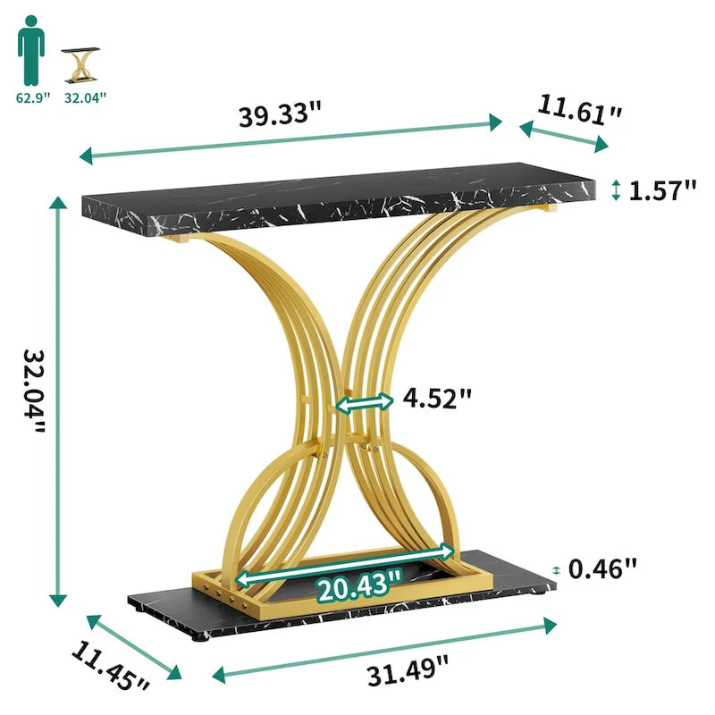 Table console moderne dorée avec plateau marbré pour entrée ou couloir
