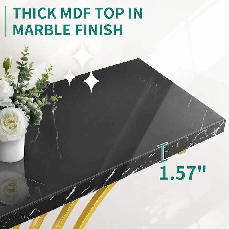 Table console moderne dorée avec plateau marbré pour entrée ou couloir