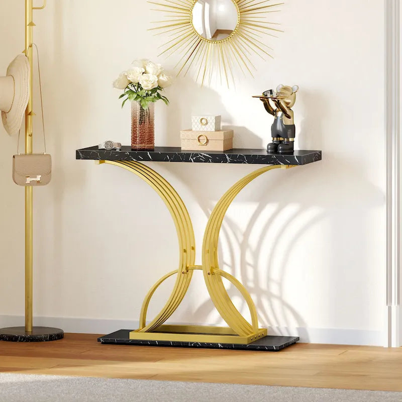 Table console moderne dorée avec plateau marbré pour entrée ou couloir