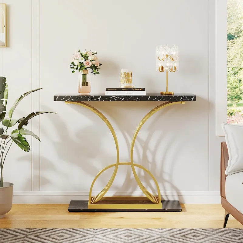 Table console moderne dorée avec plateau marbré pour entrée ou couloir