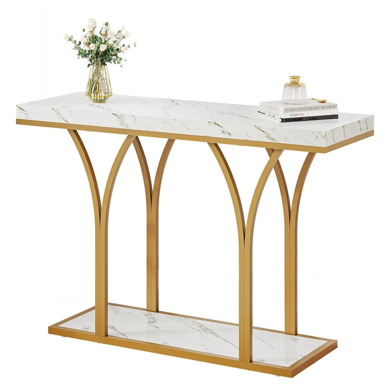 Table console moderne dorée avec plateau marbré pour entrée ou couloir