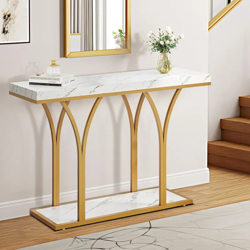Table console moderne dorée avec plateau marbré pour entrée ou couloir
