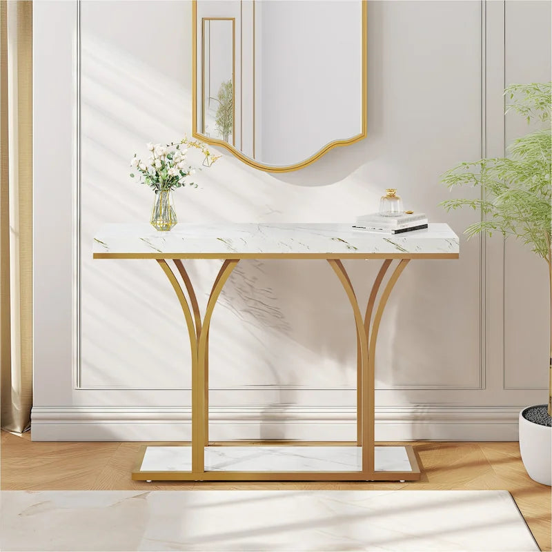 Table console moderne dorée avec plateau marbré pour entrée ou couloir