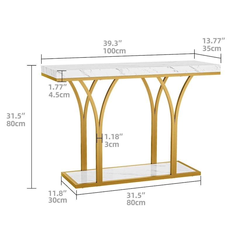 Table console moderne dorée avec plateau marbré pour entrée ou couloir