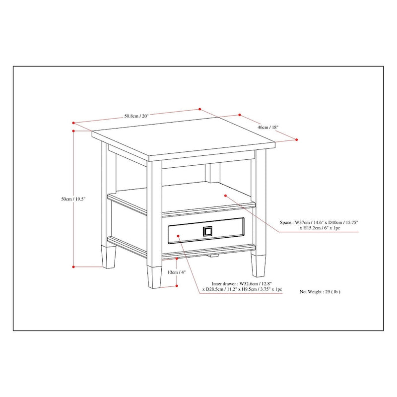 Mesa auxiliar rectangular de madera maciza de 20 pulgadas de ancho, estilo transicional - 20 pulgadas de ancho