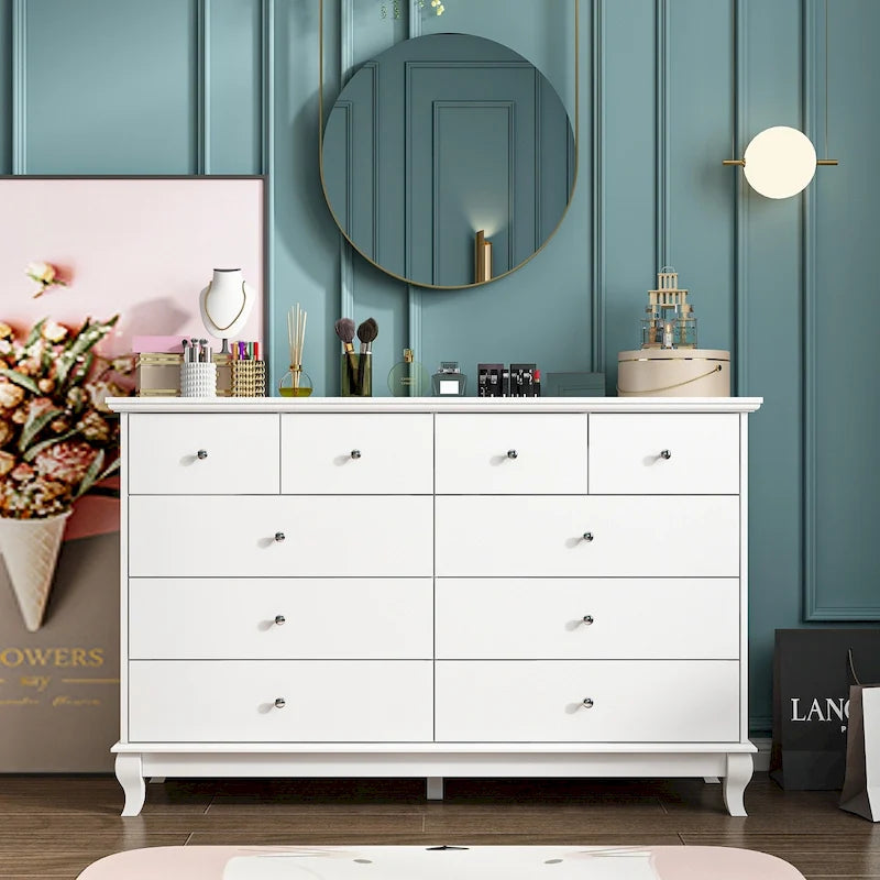 Commode double de chambre à coucher à 10 tiroirs, blanche, avec grand espace de rangement