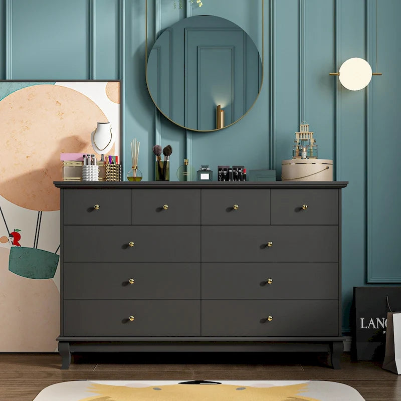 Commode double de chambre à coucher à 10 tiroirs, blanche, avec grand espace de rangement