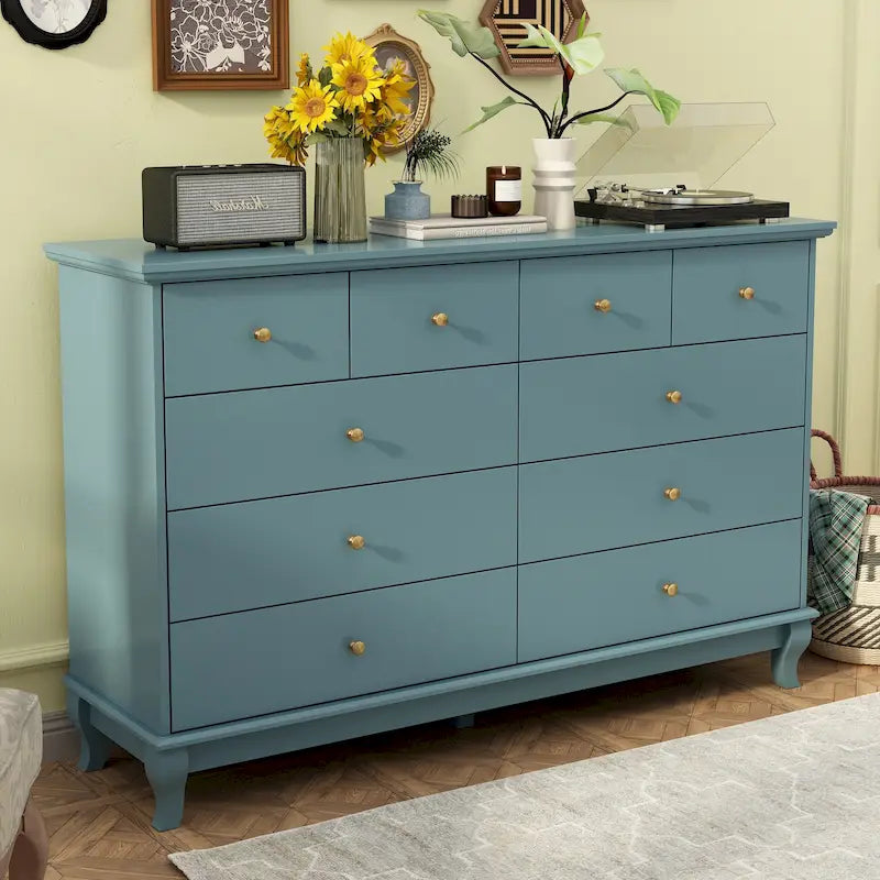 Commode double de chambre à coucher à 10 tiroirs, blanche, avec grand espace de rangement