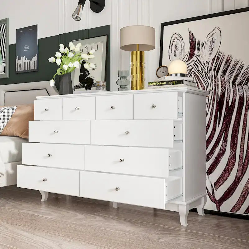 Commode double de chambre à coucher à 10 tiroirs, blanche, avec grand espace de rangement