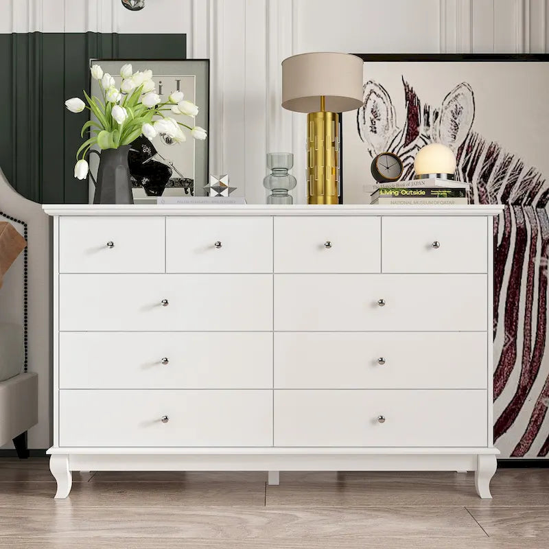 Commode double de chambre à coucher à 10 tiroirs, blanche, avec grand espace de rangement