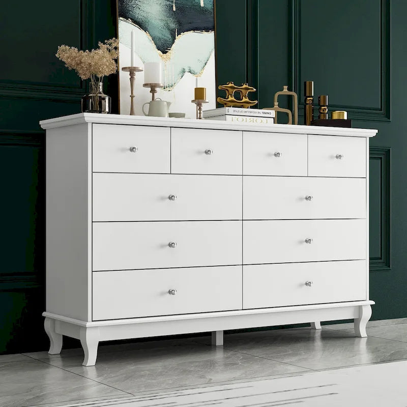 Commode double de chambre à coucher à 10 tiroirs, blanche, avec grand espace de rangement