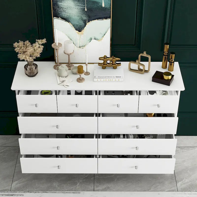 Commode double de chambre à coucher à 10 tiroirs, blanche, avec grand espace de rangement