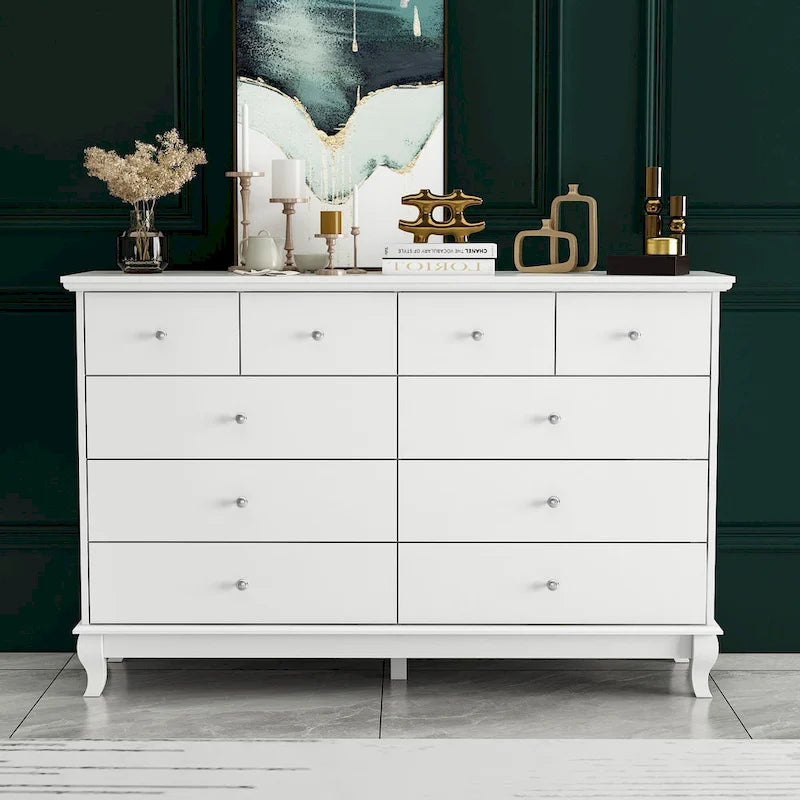 Commode double de chambre à coucher à 10 tiroirs, blanche, avec grand espace de rangement