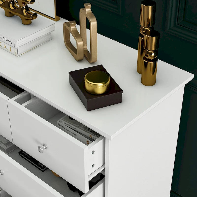 Commode double de chambre à coucher à 10 tiroirs, blanche, avec grand espace de rangement