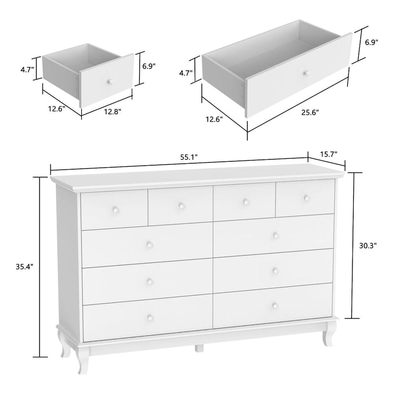 Commode double de chambre à coucher à 10 tiroirs, blanche, avec grand espace de rangement