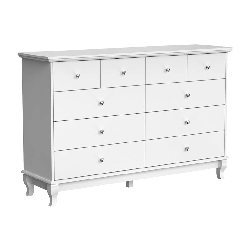 Commode double de chambre à coucher à 10 tiroirs, blanche, avec grand espace de rangement