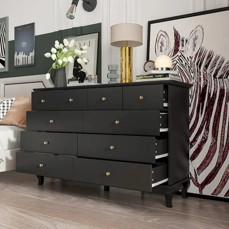 Commode double de chambre à coucher à 10 tiroirs, blanche, avec grand espace de rangement