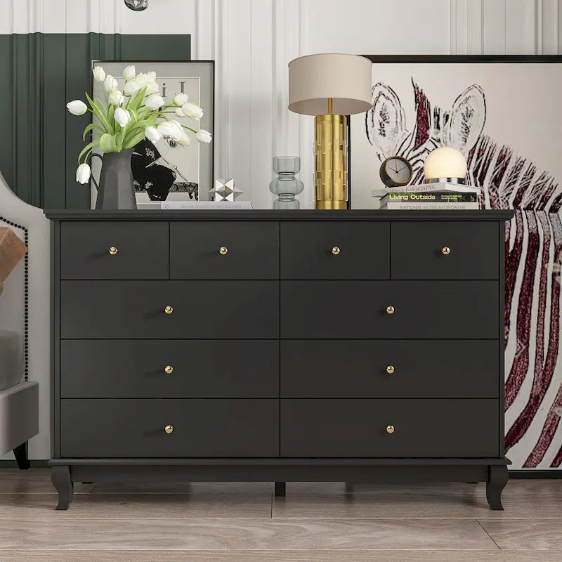 Commode double de chambre à coucher à 10 tiroirs, blanche, avec grand espace de rangement