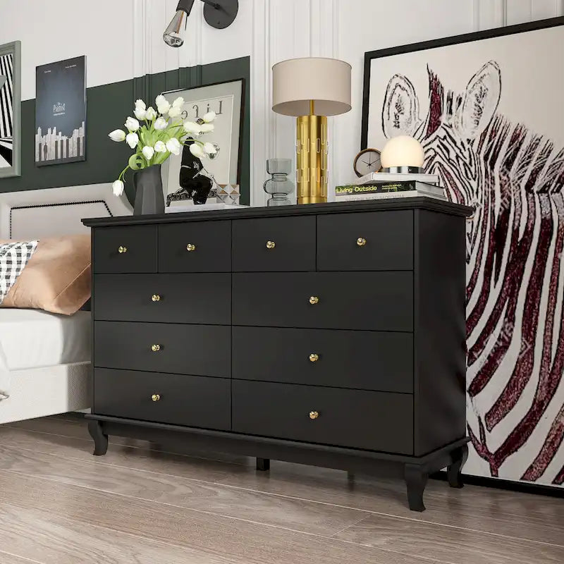 Commode double de chambre à coucher à 10 tiroirs, blanche, avec grand espace de rangement
