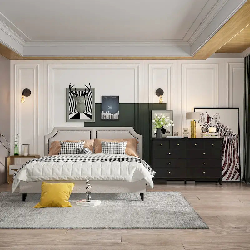 Commode double de chambre à coucher à 10 tiroirs, blanche, avec grand espace de rangement