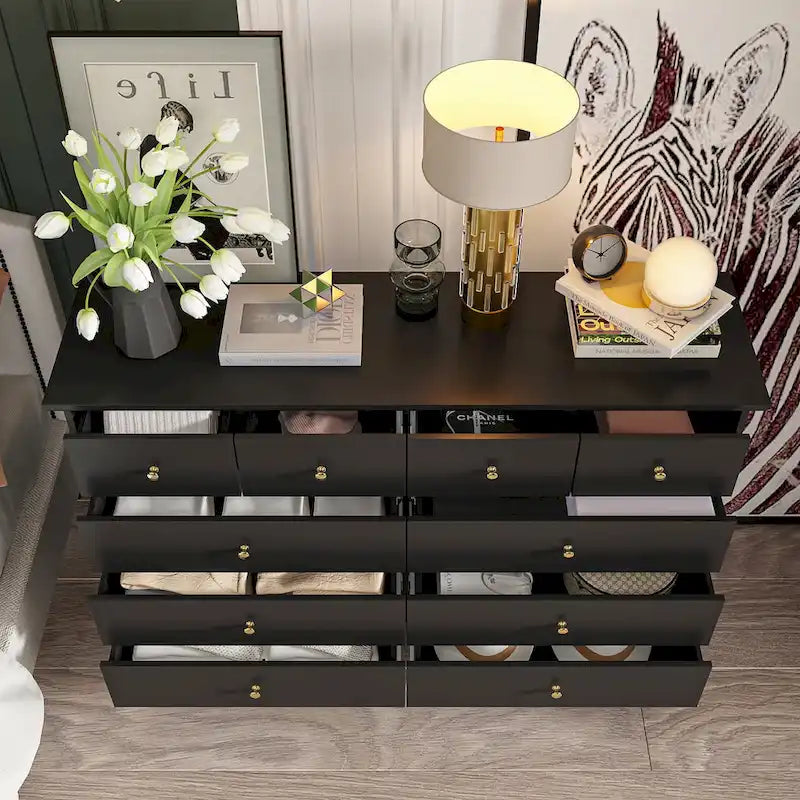 Commode double de chambre à coucher à 10 tiroirs, blanche, avec grand espace de rangement