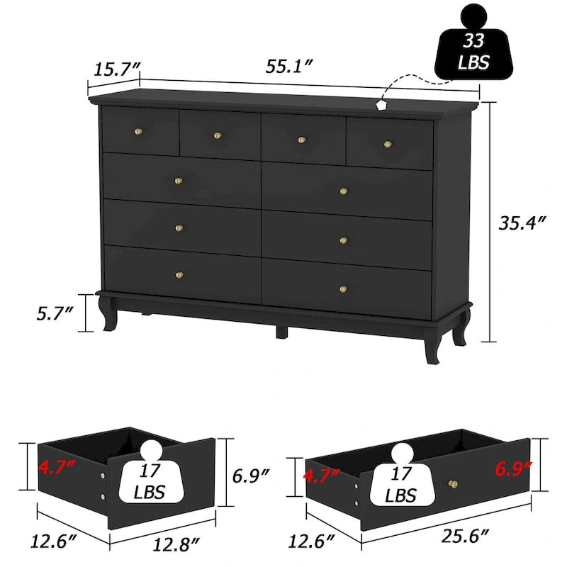 Commode double de chambre à coucher à 10 tiroirs, blanche, avec grand espace de rangement