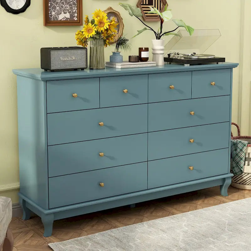 Commode double de chambre à coucher à 10 tiroirs, blanche, avec grand espace de rangement