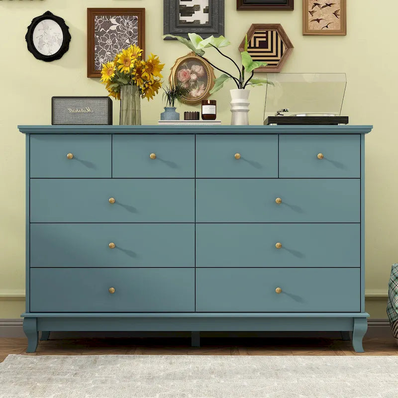 Commode double de chambre à coucher à 10 tiroirs, blanche, avec grand espace de rangement