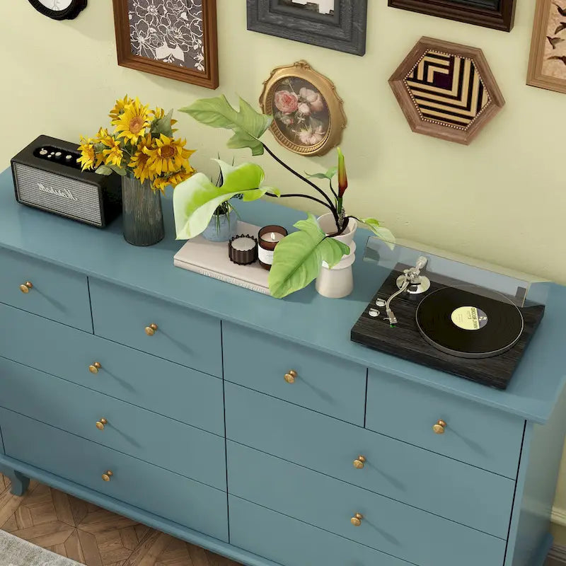Commode double de chambre à coucher à 10 tiroirs, blanche, avec grand espace de rangement