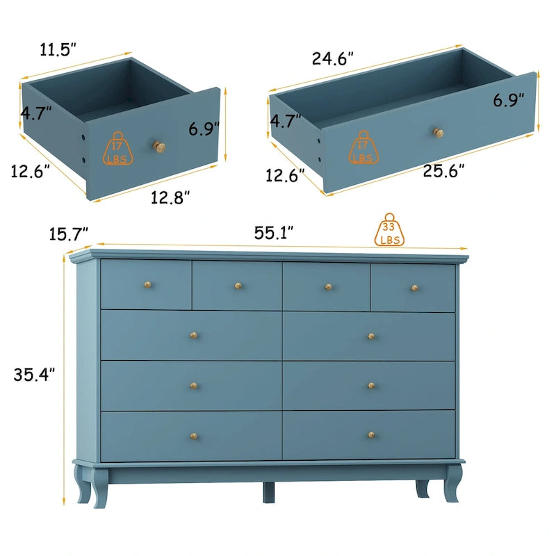 Commode double de chambre à coucher à 10 tiroirs, blanche, avec grand espace de rangement